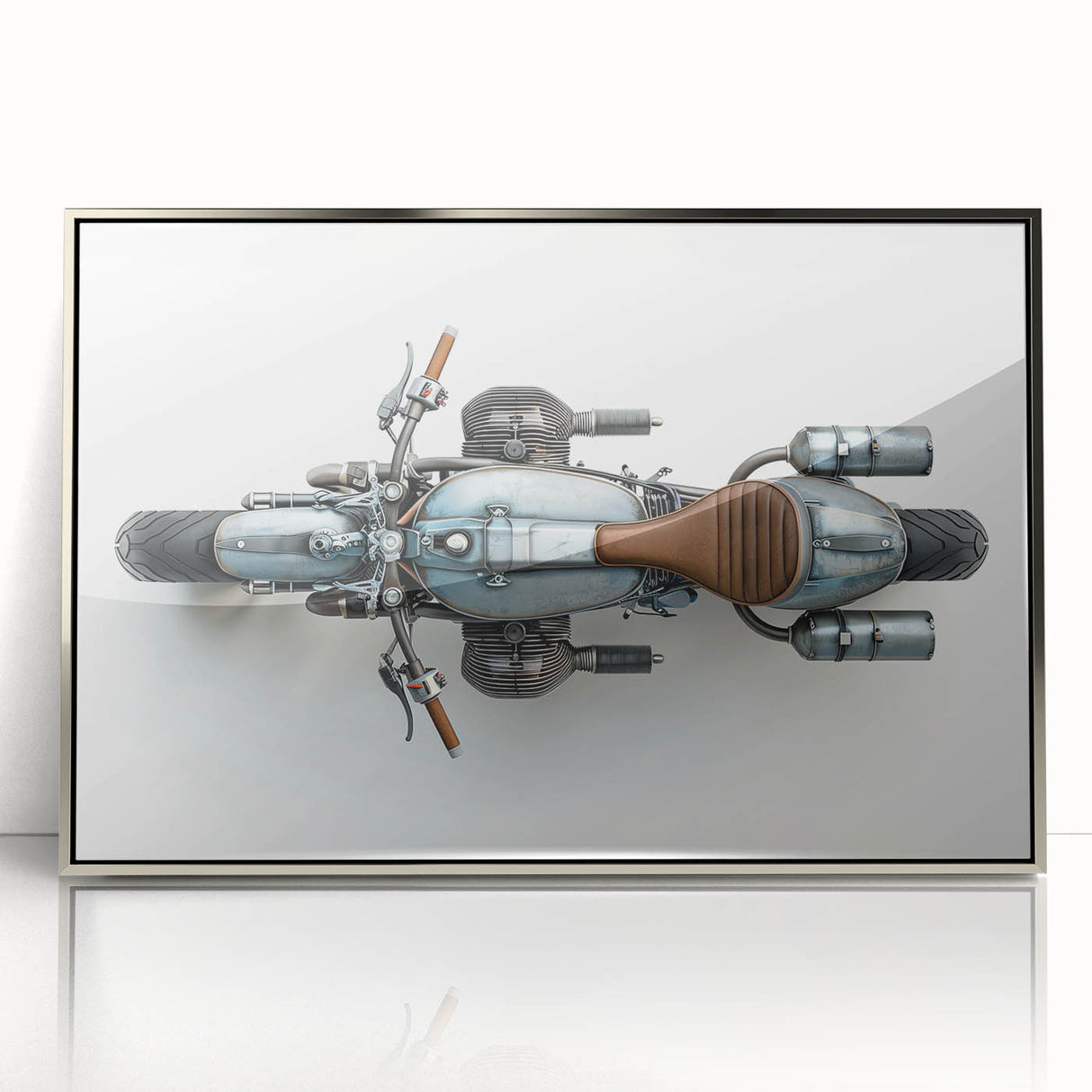 Mid-century modernist art depicting a stylized car in muted blue and gray tones on a framed poster.