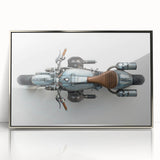 Mid-century modernist art depicting a stylized car in muted blue and gray tones on a framed poster.