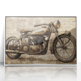 Mid-century modernist art of a stylized car in muted pastel colors on a framed poster, suitable for nursery wall art.