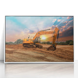 Art deco poster featuring a stylized vintage car in muted gold and navy tones on acrylic print.