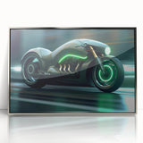 Mid-century modernist art depicting a stylized vehicle in muted gray and blue tones on a framed poster.