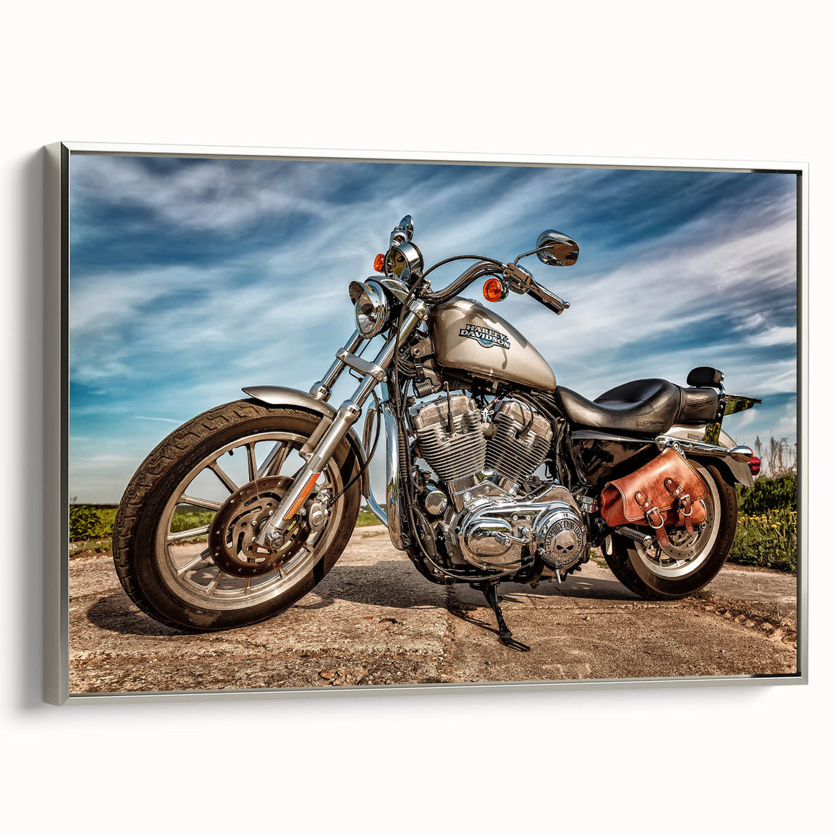Landscape art painting of a vintage car in vibrant colors on a black background, printed on canvas.