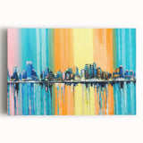 Abstract architectural wall art design on stretched canvas, showcasing vibrant geometric shapes in shades of blue, orange, and gold, perfect for modern decor.