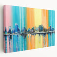 Abstract architecture design wall art collection displayed on stretched canvas, featuring bold geometric shapes in vibrant colors, perfect for modern decor.