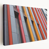 Stretched canvas wall art showcasing a modern abstract architectural design in vibrant colors, perfect for contemporary home decor.