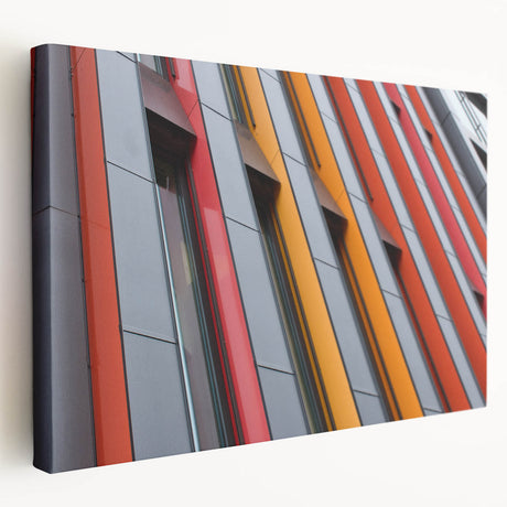Stretched canvas wall art showcasing a modern abstract architectural design in vibrant colors, perfect for contemporary home decor.
