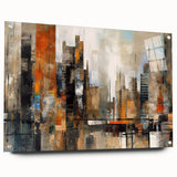 Abstract architectural design wall art collection displayed in acrylic glass, showcasing vibrant colors and geometric shapes, viewed from the side with mounting pins.