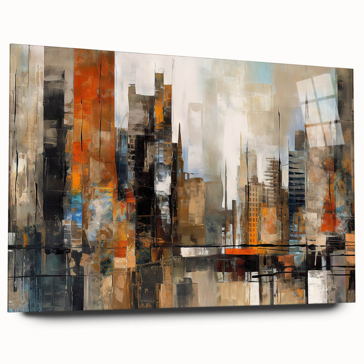 Abstract architectural wall art collection displayed in a modern setting, featuring vibrant colors and geometric shapes, printed on acrylic glass for a sleek, contemporary look.