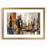 Abstract architectural wall art collection featuring a modern design in a gold frame with a mat, showcasing intricate geometric shapes and vibrant colors, ideal for enhancing contemporary home decor.