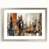 Abstract wall art collection featuring modern architecture design in a silver frame with mat, showcasing geometric shapes and vibrant colors, ideal for contemporary decor.