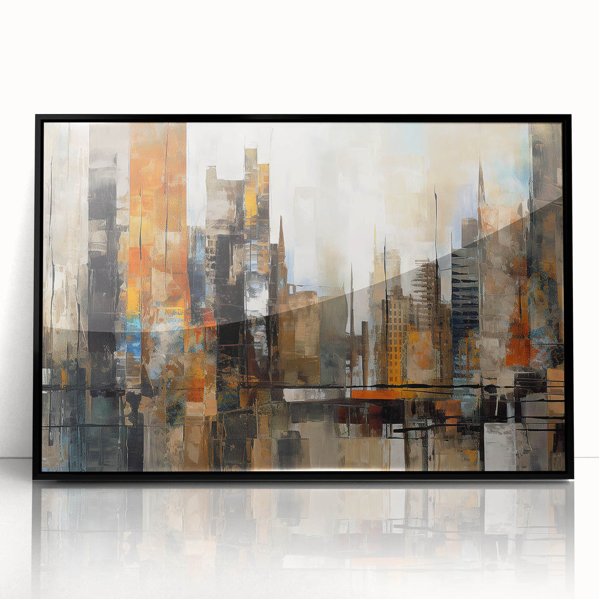 Framed wall art collection featuring a modern abstract architecture design with a sleek black frame, showcasing geometric shapes and vibrant colors, perfect for contemporary decor.