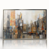 Framed abstract architecture wall art design featuring a modern silver color palette, showcasing geometric shapes and lines, perfect for contemporary home decor.