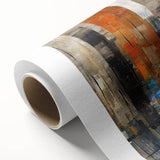 Abstract architecture design wall art collection on rolled canvas showcasing vibrant geometric patterns in shades of blue, orange, and gray, perfect for modern decor.