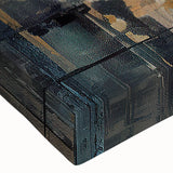 Close-up of an abstract architecture design stretched canvas wall art collection, showcasing intricate geometric patterns in muted colors, ideal for modern decor.