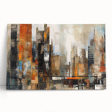Abstract architectural design wall art featuring vibrant colors and geometric shapes, displayed on a stretched canvas, perfect for modern home decor.