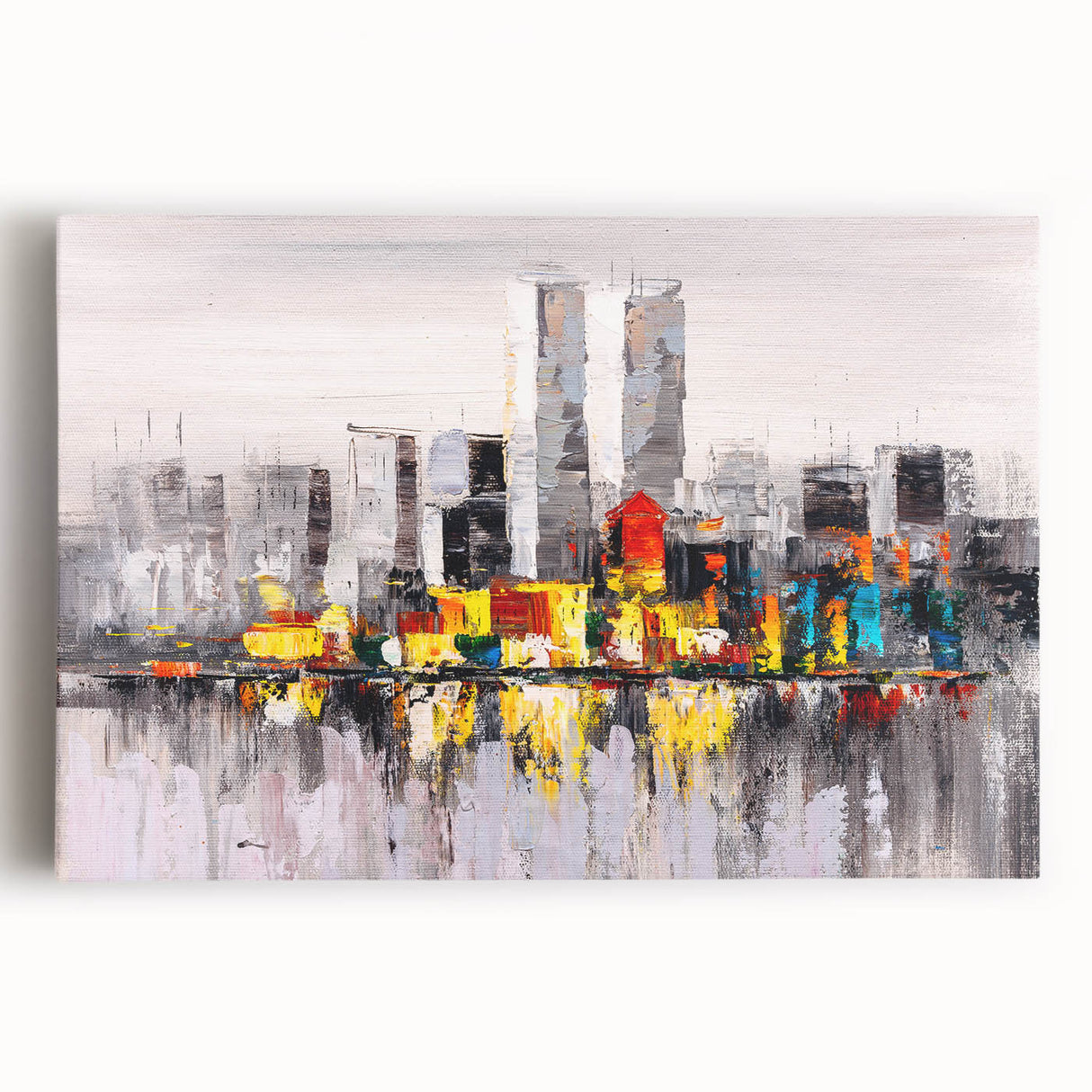 Abstract architectural wall art design on stretched canvas, showcasing vibrant geometric patterns and a modern aesthetic, ideal for contemporary decor.