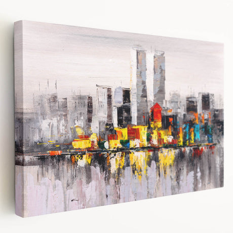 Abstract architecture design wall art collection on stretched canvas, showcasing vibrant geometric patterns and modern aesthetics in side view.