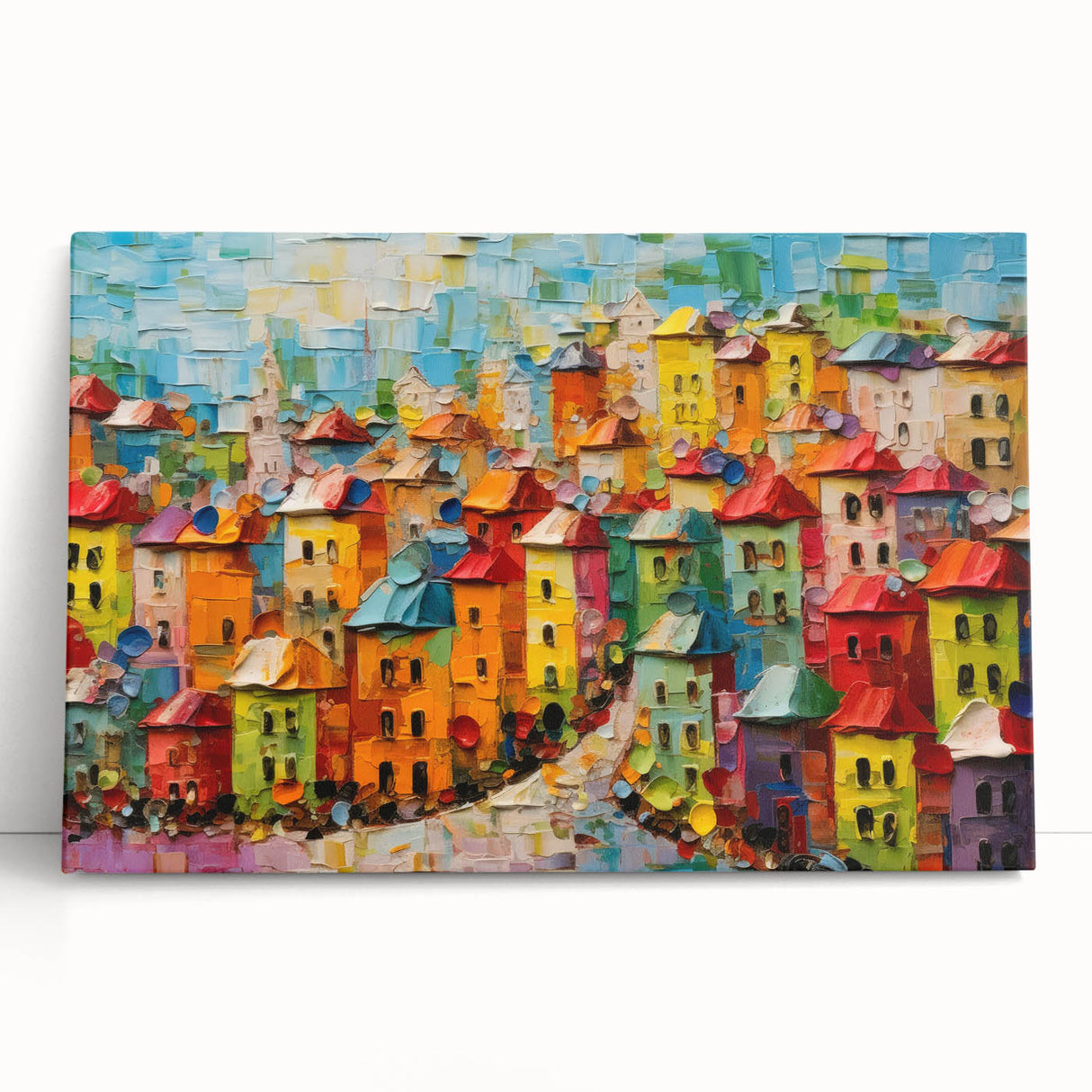 Abstract architectural wall art print on stretched canvas, showcasing vibrant geometric patterns in blue, orange, and white, ideal for modern decor.