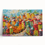 Abstract architectural wall art print on stretched canvas, showcasing vibrant geometric patterns in blue, orange, and white, ideal for modern decor.