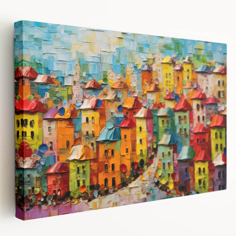 Abstract architectural design wall art canvas featuring vibrant colors and geometric patterns, elegantly stretched for modern home decor.