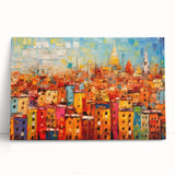 Abstract architecture wall art collection on stretched canvas, showcasing modern geometric shapes in muted colors, perfect for contemporary decor.