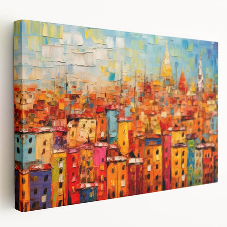 Abstract architectural design wall art featuring a vibrant color palette and geometric shapes, displayed on stretched canvas for modern decor.
