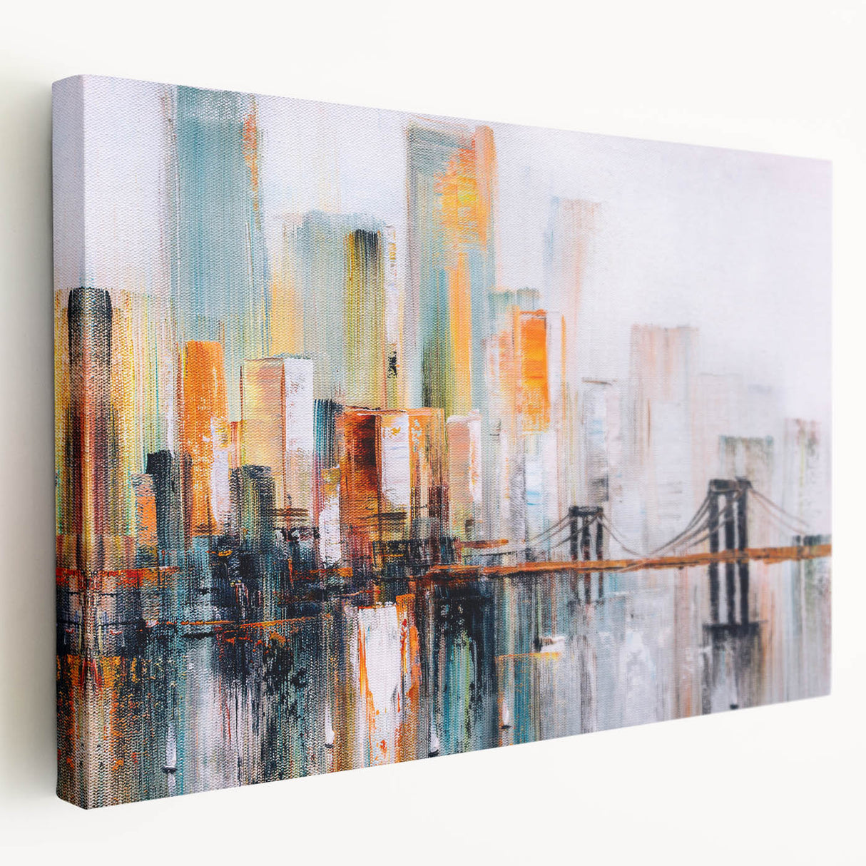 Stretched canvas wall art showcasing a modern abstract architectural design with vivid colors and geometric shapes, ideal for contemporary decor.