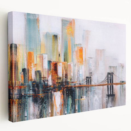 Stretched canvas wall art showcasing a modern abstract architectural design with vivid colors and geometric shapes, ideal for contemporary decor.