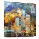 Abstract architectural wall art collection displayed in acrylic glass, showcasing intricate geometric designs in bold colors. Ideal for modern decor enhancement.