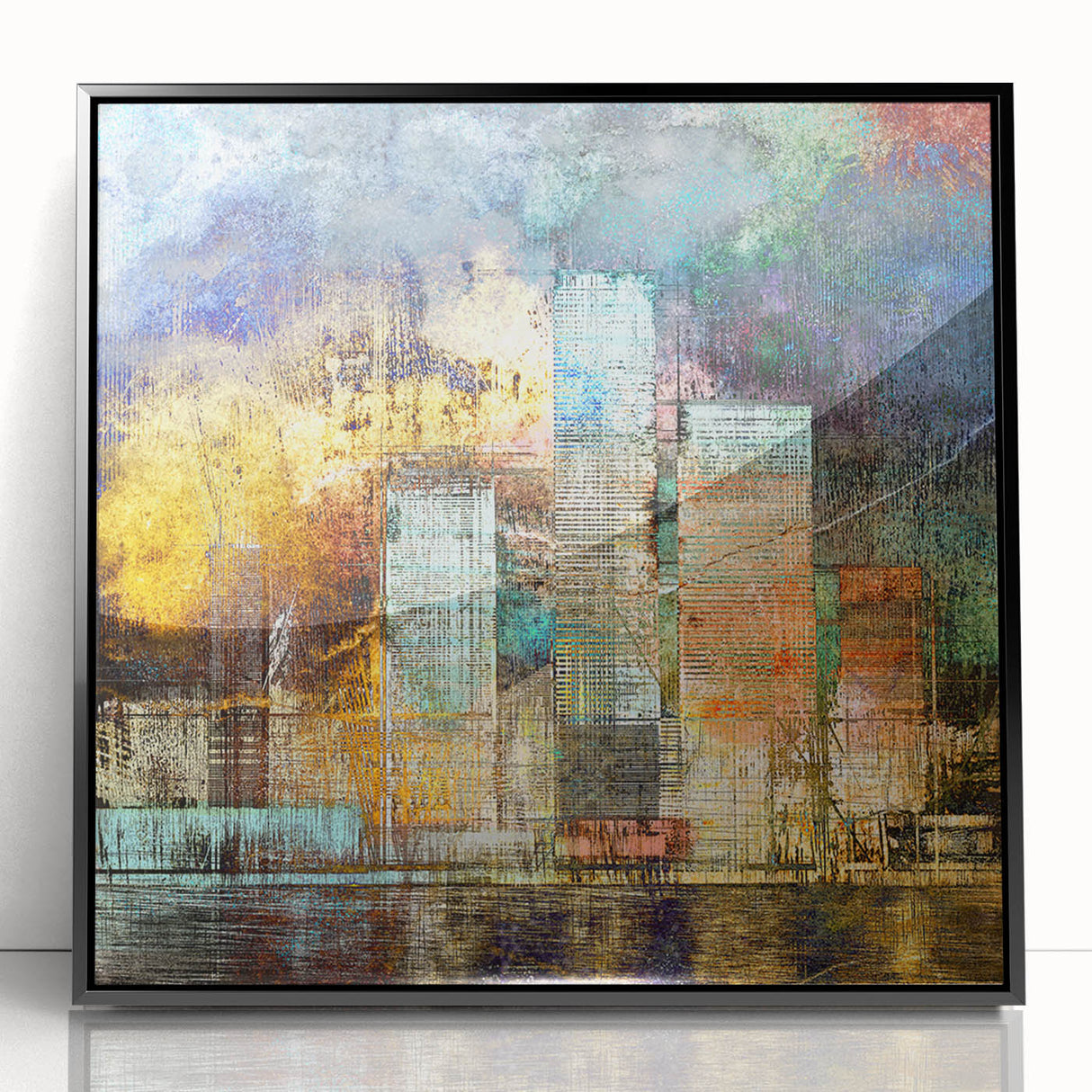 Framed acrylic wall art showcasing a modern abstract architecture design in black, with a sleek front view, ideal for contemporary home decor.