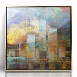 Framed abstract architecture wall art collection featuring a gold-accented design, showcasing modern lines and shapes against a neutral background, perfect for contemporary decor.