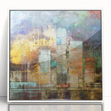 Framed abstract architecture wall art collection in white, showcasing modern geometric designs and vibrant colors, perfect for contemporary home decor.