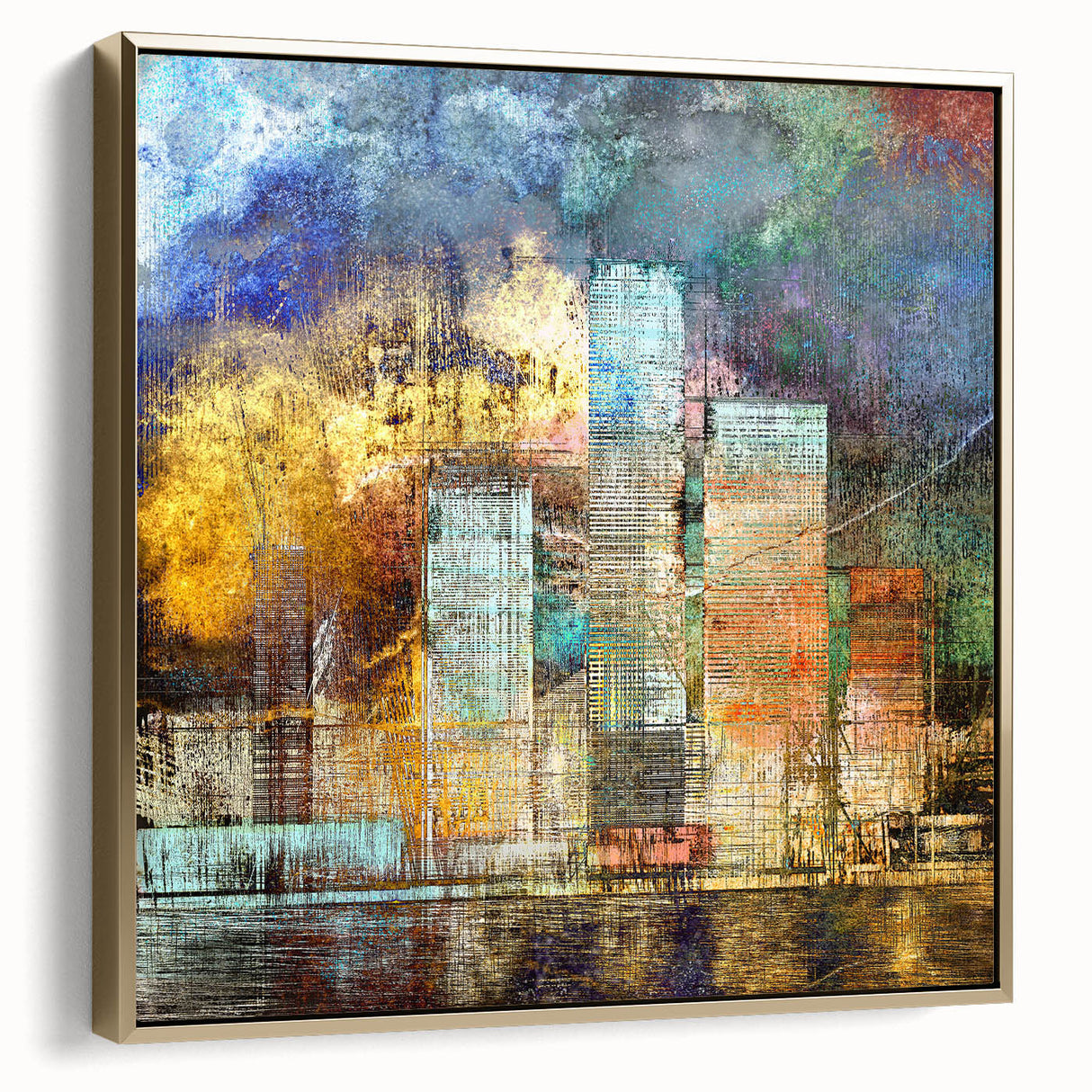 Abstract wall art collection showcasing a gold-framed canvas with modern architectural design elements, highlighting intricate patterns and shapes in a stylish side view.