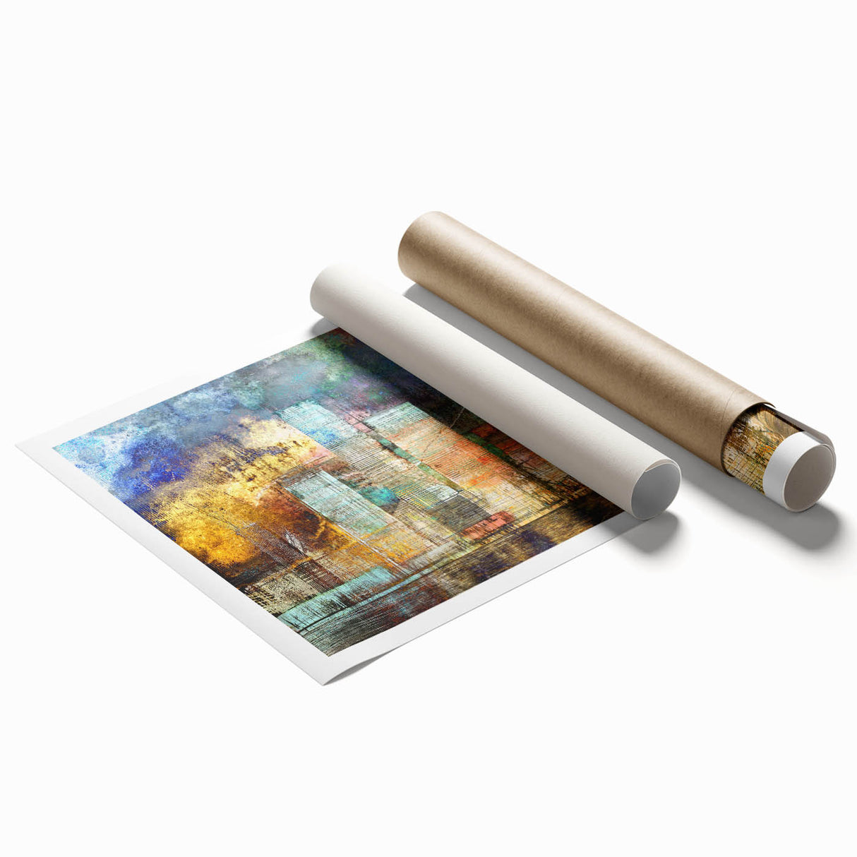 Abstract architecture design wall art collection featuring a modern geometric pattern in shades of blue, gray, and white, elegantly rolled for easy display.