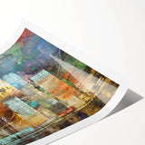 Abstract architectural design wall art collection showcasing vibrant geometric patterns in shades of blue, orange, and gray, rolled for easy display and shipping.