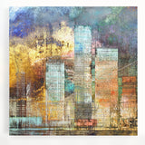 Abstract architecture design wall art collection featuring three stretched canvas pieces showcasing geometric shapes in vibrant colors, perfect for modern home decor.