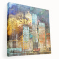 Abstract architecture design wall art collection featuring three stretched canvas pieces in a modern setting, showcasing vibrant colors and geometric shapes. Ideal for contemporary home decor, this artwork enhances any living space with its unique artistic flair.