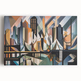 Stretched canvas artwork showcasing an abstract architectural design with vibrant colors and geometric shapes, perfect for modern home decor.