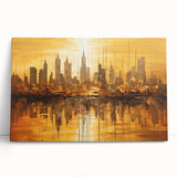 Abstract architectural wall art collection featuring five stretched canvas pieces with modern designs in vibrant colors, leaning against a wall for display.