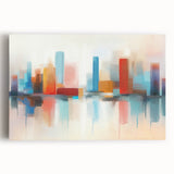 Stretched canvas wall art showcasing an abstract architecture design with geometric shapes in vibrant colors, ideal for modern decor.