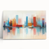 Abstract architectural wall art collection featuring vibrant geometric patterns on stretched canvas, leaning against a modern interior backdrop.