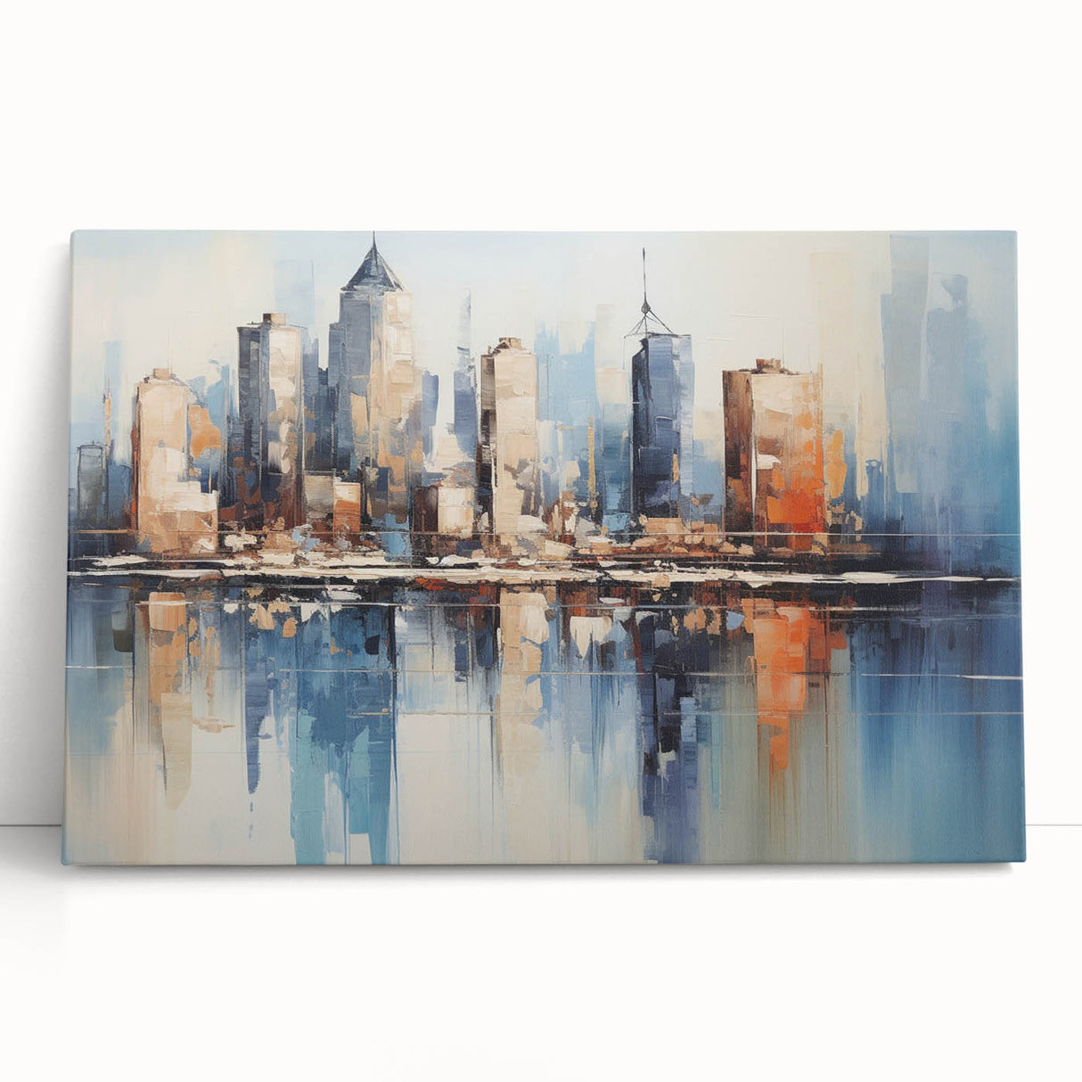 Abstract architecture wall art collection displayed on stretched canvas, showcasing geometric shapes and vibrant colors in a modern interior setting.