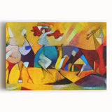 Vibrant abstract expressionist wall art on stretched canvas, showcasing dynamic colors and fluid shapes, perfect for modern decor.