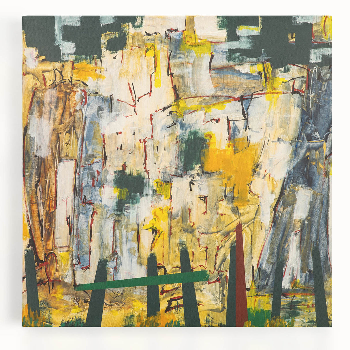 Abstract expressionist wall art design showcasing vibrant colors and dynamic brushstrokes on a stretched canvas, perfect for modern decor.