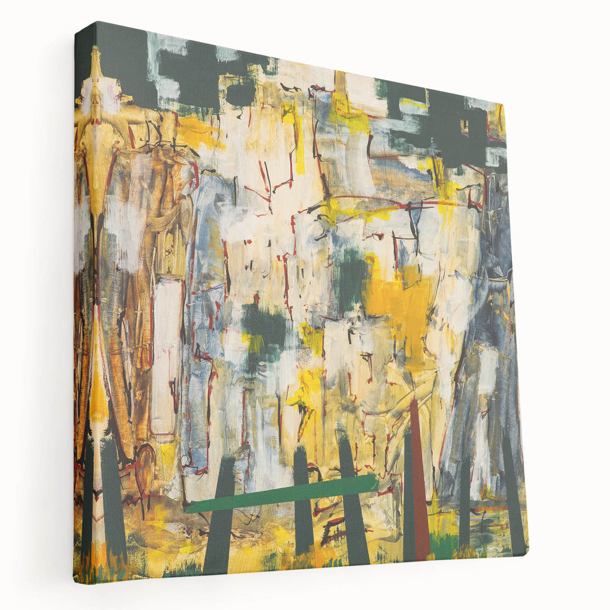 Vibrant abstract expressionist wall art on stretched canvas showcasing dynamic colors and bold brushstrokes, ideal for modern decor.