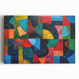 Vibrant abstract expressionist wall art on stretched canvas, showcasing bold colors and dynamic shapes, perfect for modern decor accents.