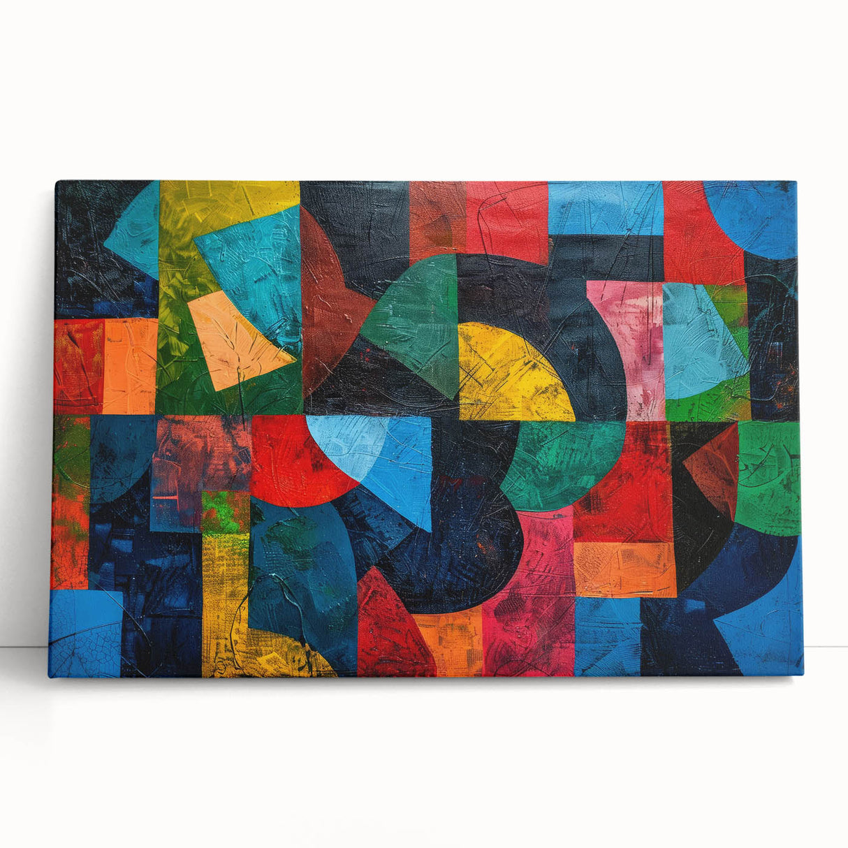 Vibrant abstract expressionist wall art on stretched canvas, showcasing bold colors and dynamic brushstrokes, perfect for modern decor.