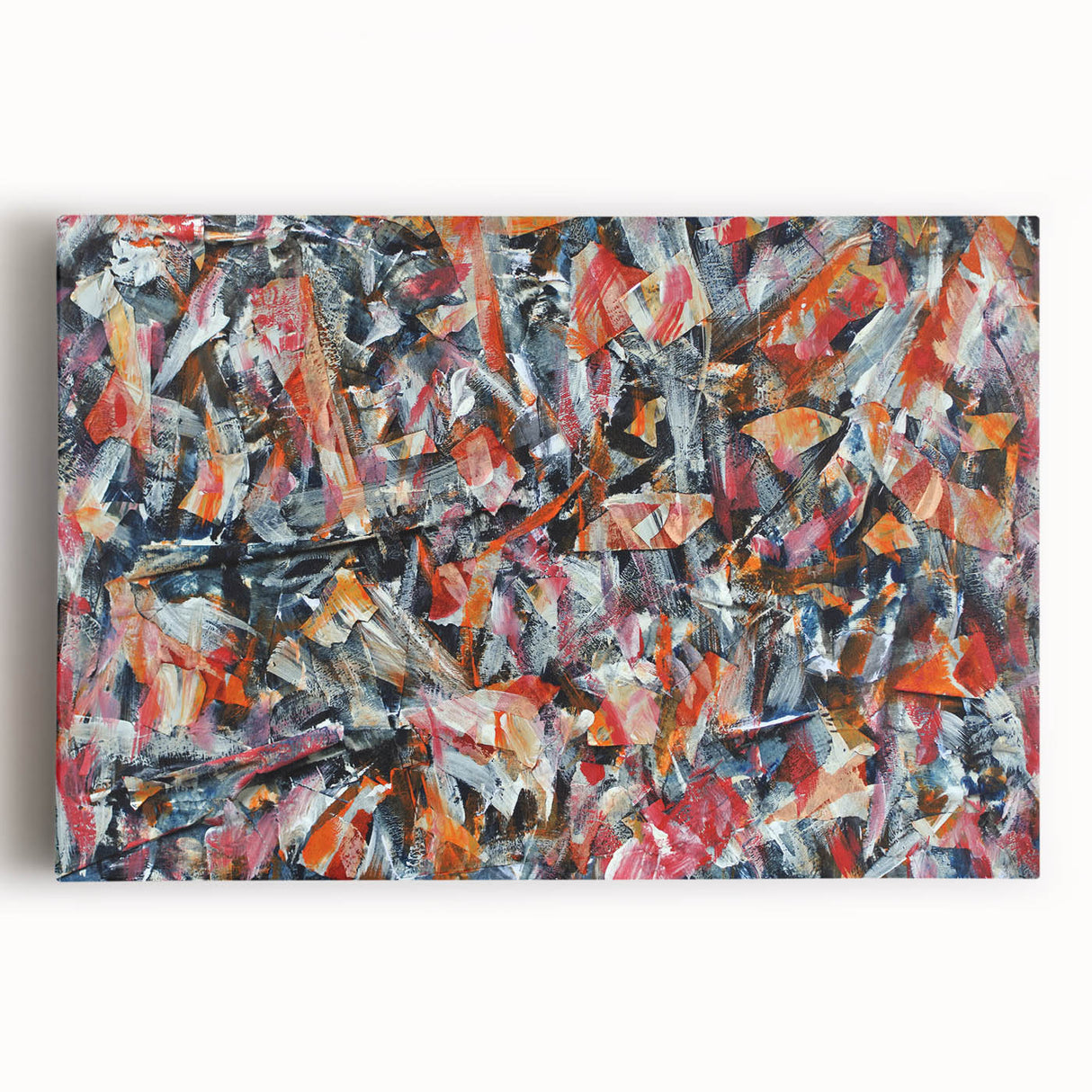Vibrant abstract expressionist wall art on stretched canvas, showcasing bold colors and dynamic brushstrokes, perfect for modern decor.