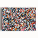 Vibrant abstract expressionist wall art on stretched canvas, showcasing bold colors and dynamic brushstrokes, perfect for modern decor.
