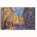Vibrant abstract expressionist wall art on stretched canvas, showcasing dynamic colors and fluid shapes, perfect for modern home decor.